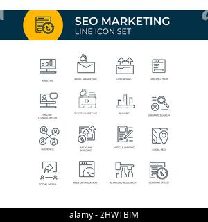 Insieme di icone Web di contorno - insieme di icone di ottimizzazione del motore di ricerca. Semplice illustrazione vettoriale, delinea insieme di icone SEO. Contatto, destinazione, sito Web. Vettore Illustrazione Vettoriale