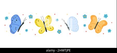 Raccolta di farfalle e falene isolate su sfondo bianco. Set di insetti volanti con ali colorate. Fascio di elementi decorativi Illustrazione Vettoriale