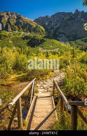 Ponte di legno in primo piano del paesaggio di montagna nella stagione autunnale. High Tatra National Park, Slovacchia, Europa. Foto Stock