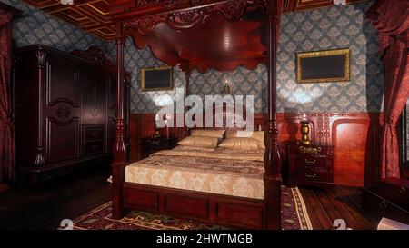Interni in stile vittoriano con letto a baldacchino. 3d illustrazione. Foto Stock