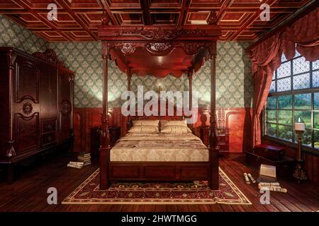 Camera d'epoca vittoriana interna con letto a baldacchino. 3d rendering. Foto Stock