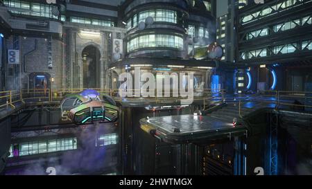 Ambiente urbano cyberpunk di alta crescita futuristico con auto volanti che si aggirano vicino a una piattaforma di attracco. 3D illustrazione. Foto Stock