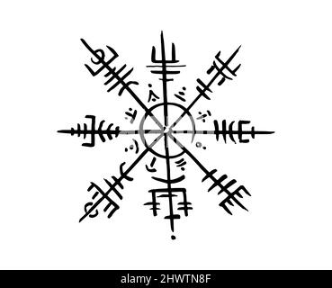 Bussola runica Vegvisir, disegno a matita nera, disegno a mano dei simboli vichinghi, Norse Sacra, logo tatuaggio, simboli magici runge, illus vettoriale Illustrazione Vettoriale