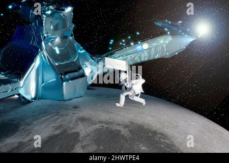 pilota astronauta uomo lavora per astronomia pioniere nella ricerca sulla luna porta in mano bandiera bianca di pace nella missione interstellare accanto al Foto Stock