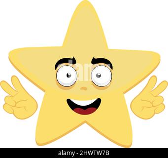 Illustrazione vettoriale del personaggio di una stella, con un'espressione felice, facendo un gesto di amore e di pace con le sue mani Illustrazione Vettoriale
