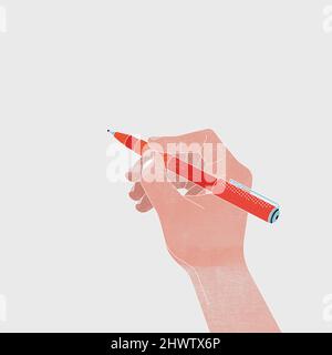 Mano con penna scrittura, disegno. Isolato, stile piatto Foto Stock