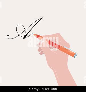 Mano con penna che scrive la lettera A, isolato, stile piatto Illustrazione Vettoriale