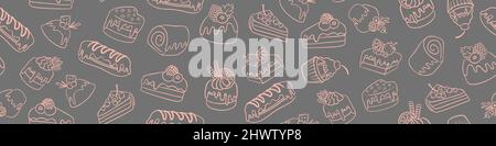 Modello senza cuciture con dolci e dessert disegnati a mano. Illustrazione vettoriale. Illustrazione Vettoriale