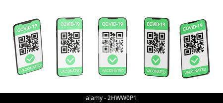 Certificato di vaccinazione verde COVID - codice qr e segno di spunta sullo schermo 3D del telefono cellulare. Foto Stock