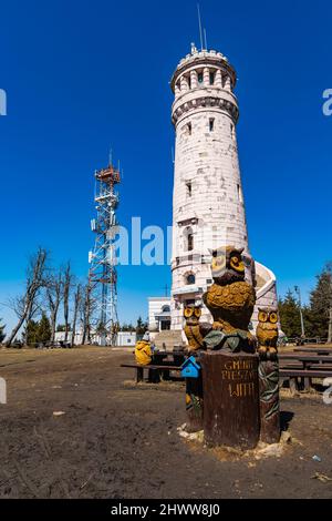 OWL Mountains, Polonia - Aprile 2021: Piccola piazza con vecchia torre di osservazione, insegne edifici e gufi giganti in legno sulla vetta del monte Great Owl Foto Stock