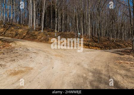 OWL Mountains, Polonia - Aprile 2021: Crocevia di sentieri di montagna in giornata di sole Foto Stock