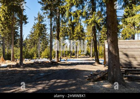 OWL Mountains, Polonia - Aprile 2021: Piccola pietra miliare della sella di capra nelle Owl Mountains Foto Stock