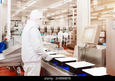 Linea di produzione confezionamento e taglio di carne.prodotti alimentari Polli di carne in imballaggi di plastica sul trasportatore.fabbrica di carne di pollame.fabbrica di lavorazione Foto Stock