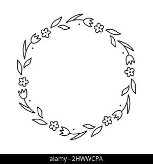 Corona floreale primavera isolato su sfondo bianco. Cornice rotonda con fiori. Illustrazione vettoriale disegnata a mano in stile doodle. Perfetto per carte, inviti, decorazioni, logo, vari disegni. Illustrazione Vettoriale