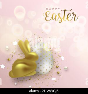 Felice Pasqua di lusso biglietto di auguri illustrazione. Realistico coniglio d'oro 3D con uovo per la festa tradizionale primavera evento festivo. Illustrazione Vettoriale