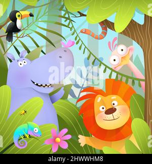 Animali selvatici africani in Jungle Cartoon for Kids Illustrazione Vettoriale