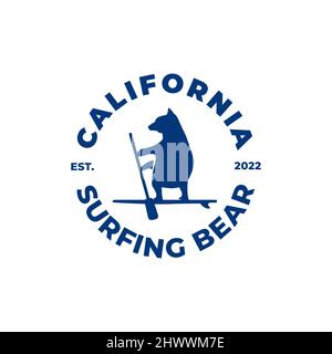 Immagine vettoriale del logo tipografico di un orso su una tavola da surf, illustrazione vettoriale della silhouette da surf. California Illustrazione Vettoriale