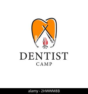 Logo illustrazione dentista camping, falò, linea sottile semplice Illustrazione Vettoriale