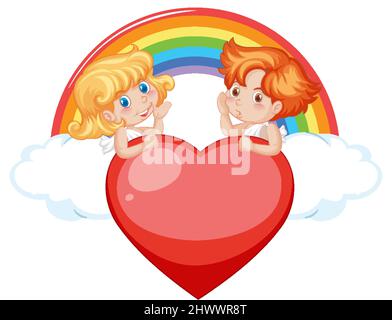 Angelo ragazzo e ragazza a cuore rosso con illustrazione arcobaleno Illustrazione Vettoriale