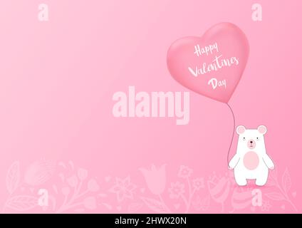 Mongolfiera di San Valentino con orso su sfondo rosa. San Valentino cute sfondo. Illustrazione vettoriale. Illustrazione Vettoriale