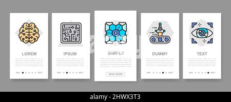 Set di banner verticali per l'intelligenza artificiale. Moderne icone piatte a linea sottile per il menu del sito Web. Robotics, chatbot, Database, schermi mobili Big Data. Illustrazione Vettoriale
