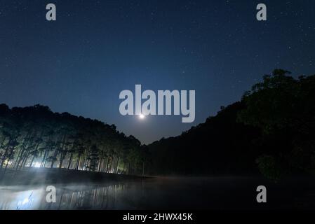 Il paesaggio della foresta di pini con la luna sul serbatoio all'alba a Pang Oung, Mae Hong Son, Thailandia. Foto Stock