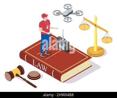 Leggi, regole e regolamenti dei droni. Operatore drone isometrico, telecomando uav, simboli legali, illustrazione vettoriale. Illustrazione Vettoriale