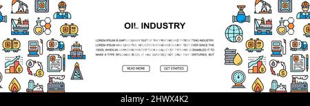 Striscione colorato orizzontale industria petrolifera. Illustrazione di FUEL Truck, Engineer, Gasoline, Cargo Ship. Modello di layout banner Web. Illustrazione Vettoriale