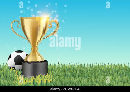 Pallone da calcio, coppa di calcio, campo verde, illustrazione vettoriale 3D. Campionato di calcio, sfondo torneo di calcio. Illustrazione Vettoriale