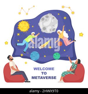 Mondo metaverse o digitale, realtà virtuale, tecnologia VR, illustrazione vettoriale piatta. Illustrazione Vettoriale