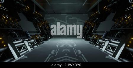 Moderno futuristico CyberSteampunk Quantum Physics Laboratory Light Gray Colors astratto sfondo carta da parati per Web Banner o Header 3D Illustrazione Foto Stock