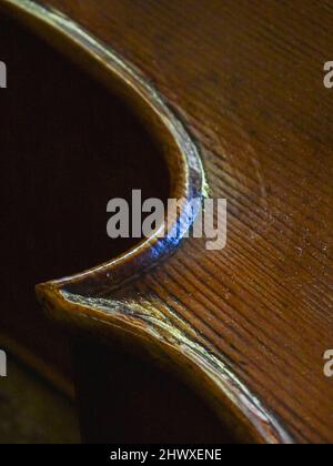 Carlos Roberts maestro liutaio violino creatore scegliere il ponte giusto per un nuovo violoncello della sua produzione presso la sua officina Foto Stock