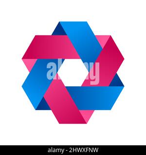 Modello colorato con logo esagonale geometrico. Forma astratta composta da due triangoli. Sfumatura di colore blu e viola. Simbolo del nastro intrecciato. Vettore Illustrazione Vettoriale
