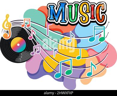 Disegno dei caratteri per la musica di parola con note musicali su sfondo bianco Illustrazione Vettoriale