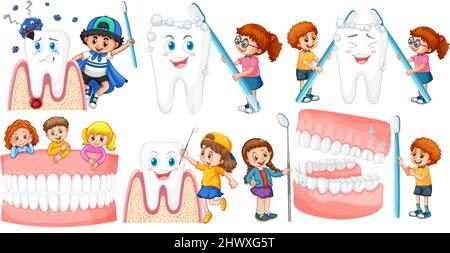 Set di bambini felici con attrezzatura per la pulizia dentale su sfondo bianco Illustrazione Vettoriale