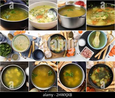 Collage fotografico di diverse composizioni con zuppa di pollo Foto Stock