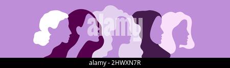 Giornata internazionale della donna. Marzo 8. Ritratti di donne diverse in profilo. Formato orizzontale. Colori viola. Illustrazione vettoriale, design piatto Illustrazione Vettoriale