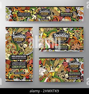 Cartoon vector doodle Set di modelli di identità aziendale Italian Food. Banner divertenti colorati, carte d'identità, flayer per l'uso su branding, inviti, Illustrazione Vettoriale