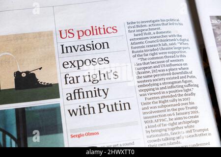 "US politics Invasion espone l'affinità dell'estrema destra con l'articolo di taglio del titolo del giornale Guardian di Putin 5 marzo 2022 Londra Inghilterra Regno Unito Gran Bretagna Foto Stock