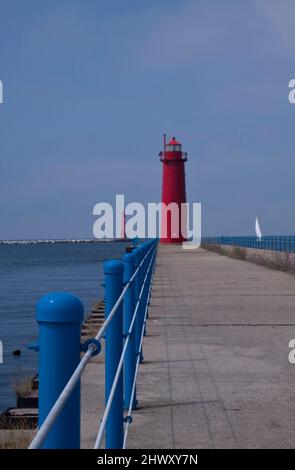 Faro di Muskegon Pier lungo il lago Michigan Foto Stock