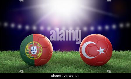 Due palline da calcio nei colori delle bandiere sullo sfondo sfocato dello stadio. Portogallo vs Turchia. immagine 3d Foto Stock