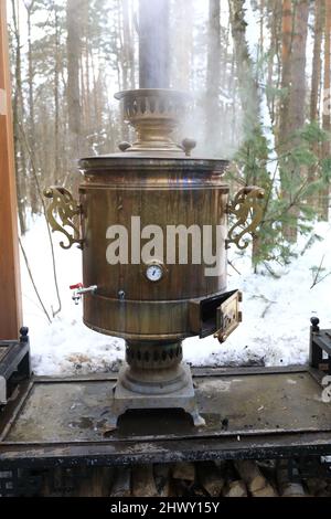 Vista del samovar legno-burning nel parco in inverno Foto Stock