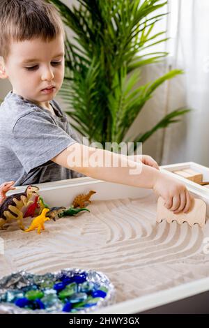 Bambino ragazzo concentrato con fiducia giocando in prima fase di sviluppo gioco cinetico sabbia Montessori materiale in casa accogliente. Adorabile bambino maschile gioca con carnivoro Foto Stock