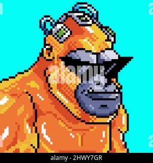 Galactic apes pixel art carattere NFT. costume da gorilla a 16 bit e accessori. Vivace e colorato gioco di animali asset. Illustrazione del vettore avatar Illustrazione Vettoriale