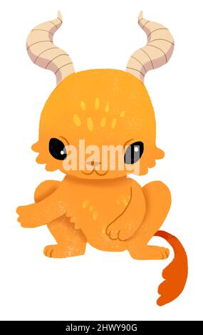 Simpatico mostro di zenzero arancione cartoon con corna. Illustrazione divertente dei bambini Foto Stock