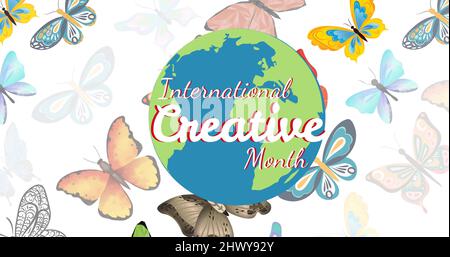 Testo internazionale del mese creativo su tutto il mondo con icone multiple delle farfalle su sfondo bianco Foto Stock