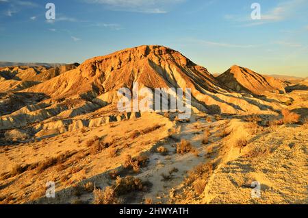 Badlands di Tabernas deserto, uno dei veri semi-deserti d'Europa situato in Almeria Spagna meridionale. Foto Stock