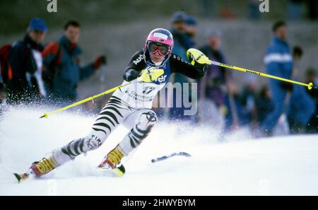 Katja SEIZINGER, GER, sciatore, Action Slalom 14.01.1996, Garmisch Partenkirchen, Â Foto Stock