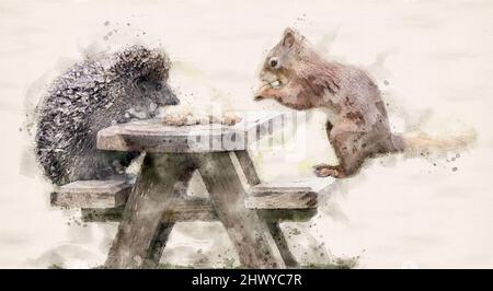 Un effetto acquerello di un hedgehog e uno scoiattolo rosso che mangia da un tavolo da picnic in legno Foto Stock