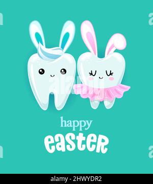 Felice Pasqua - disegno del carattere della coppia del dente in stile kawaii. Toothfairy disegnato a mano con una divertente citazione. Buono per la prevenzione della scuola poster, auto di saluto Illustrazione Vettoriale